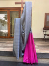 Semi-Tussar Saree – Grey with Purple Border & Weaving Work