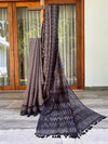 Semi-Jute Saree – Cream & Black with Geometric pattern and Tassel Detail