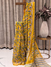 Yellow Chanderi Cotton Saree with White & Blue Floral Print