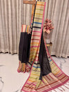 Black Semi Tussar Saree with Rainbow Pallu and Border