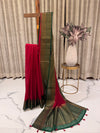 Banarasi Cotton Jute Saree – Red with Contrast Green Pallu & Border