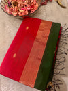 Pure Maheshwari Silk Saree – Bottle Green with Floral Motifs and Contrast Red Pallu