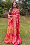 Elegant Handwoven Khaddi Georgette Bandhani Saree – Pink & Orange Ombre
