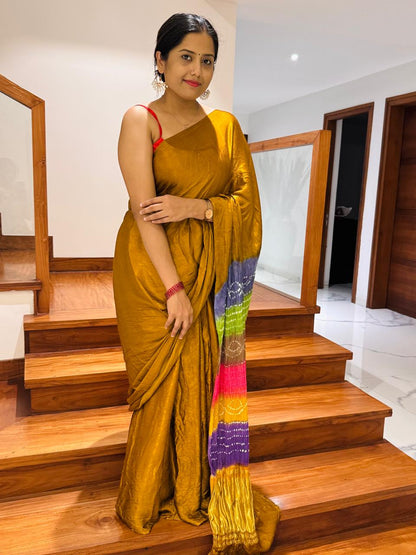 Soft modal Lagdi Patta Bandhej Saree with Multicolor Dyed Pallu & Blouse