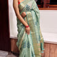 Mint Green Printed & Embroidered soft tussar Saree with Zari Border