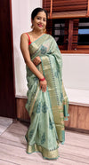 Mint Green Printed & Embroidered soft tussar Saree with Zari Border