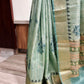 Mint Green Printed & Embroidered soft tussar Saree with Zari Border